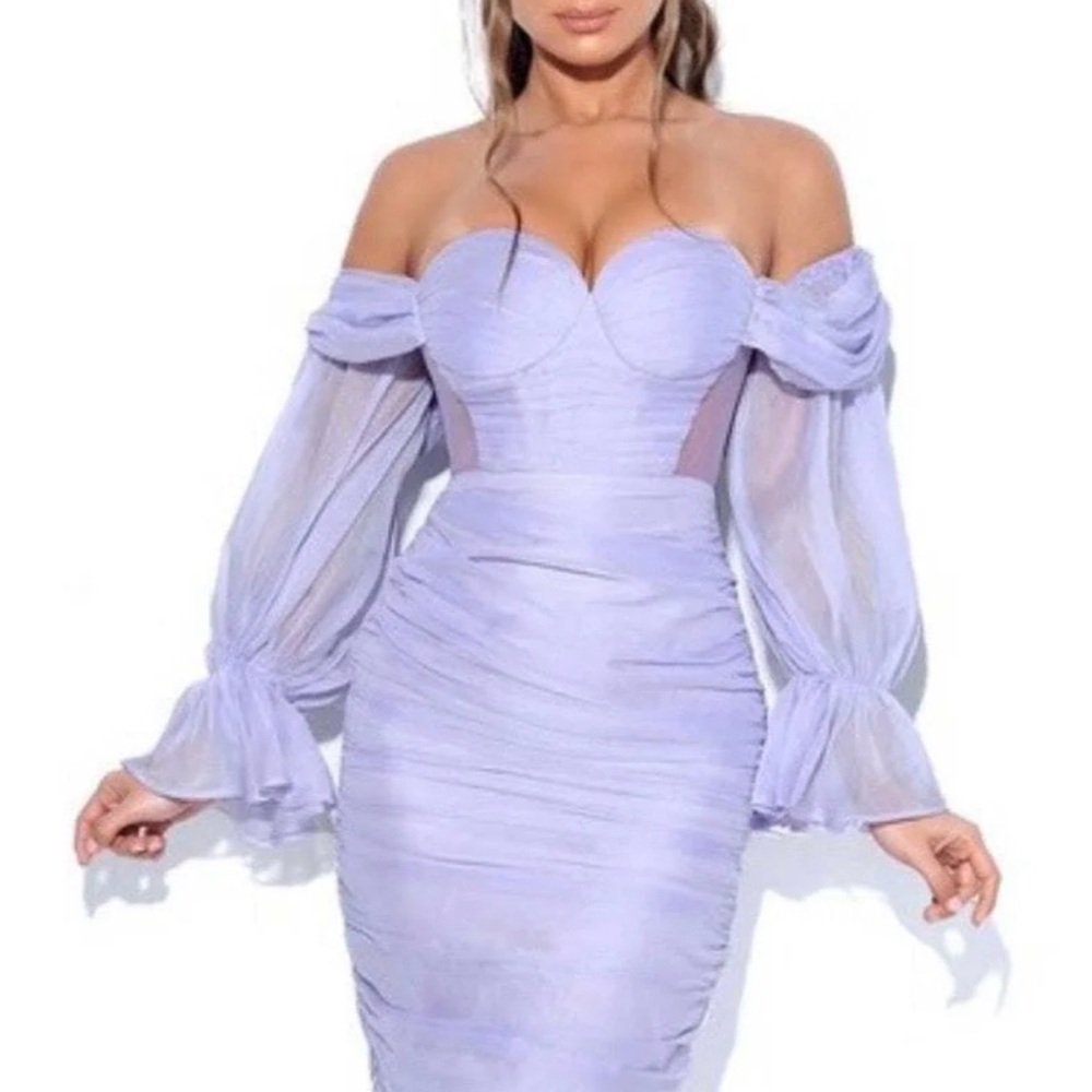 Off-Shoulder Lavender Midi Dress with Sheer Bishop Sleeves